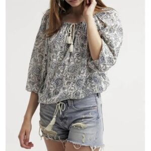 Ralph Lauren Denim & Supply Peasant Blouse Floral Tassel Tie Blue & White Boho S